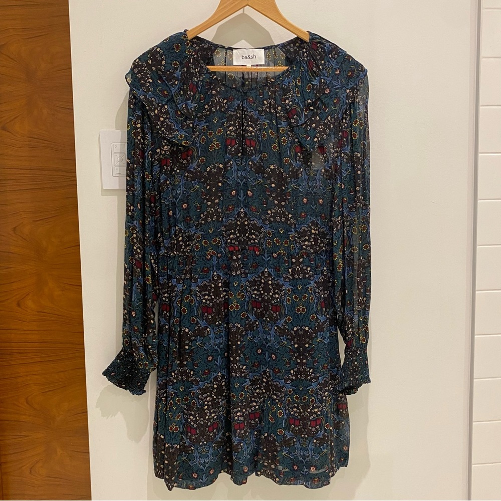 ba&sh Dark Blue Floral Long Sleeve Mini Dress
